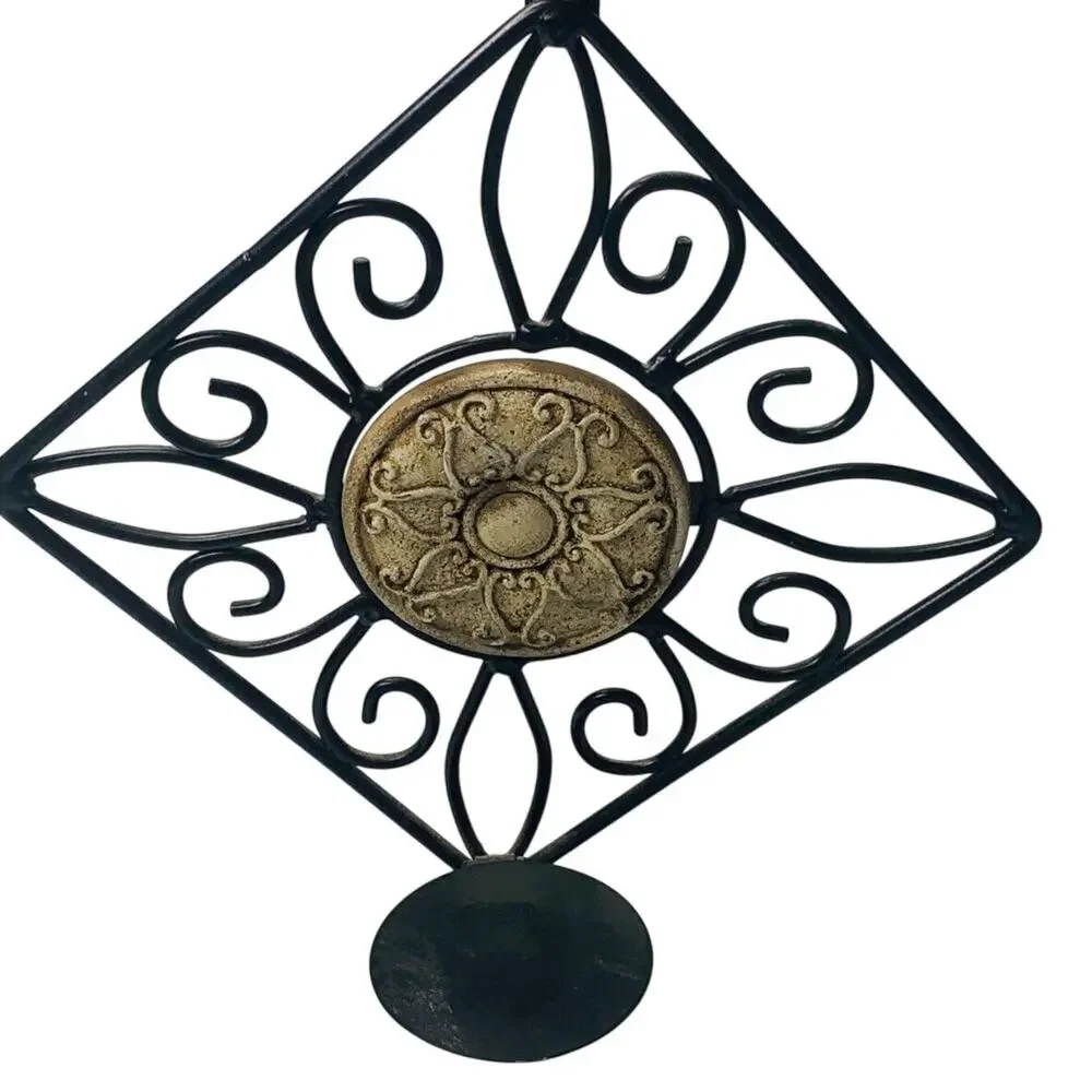 Black Metal Stone Medallion Diamond Shaped Tealight Candle Wall Sconce